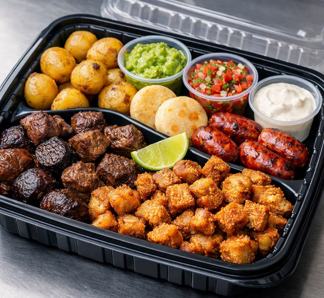 Picada de Carne chicharron y chorizo papa y arepa 